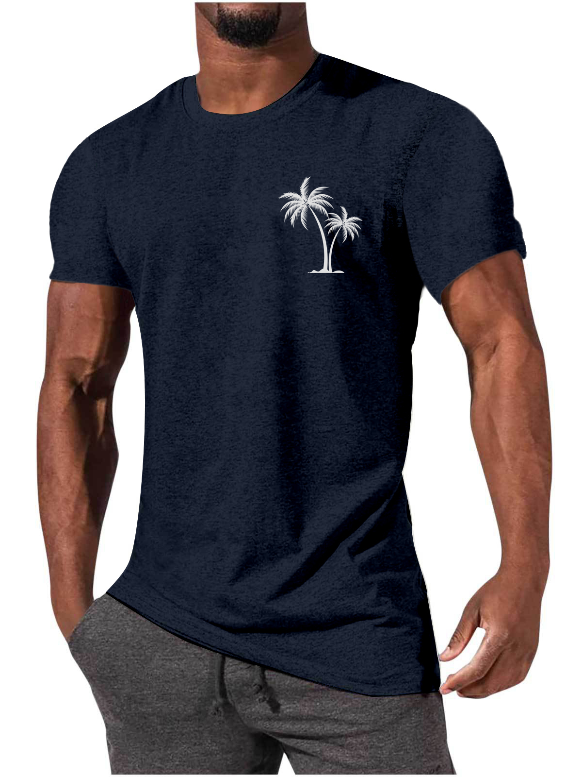 Men's Casual Simple Coconut Tree Solid Color Comfortable Short Sleeved T-shirt-Garamode