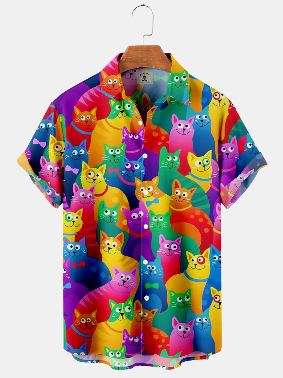 Fun and Cute Cat Print Pocket Short Sleeve Shirt-Garamode