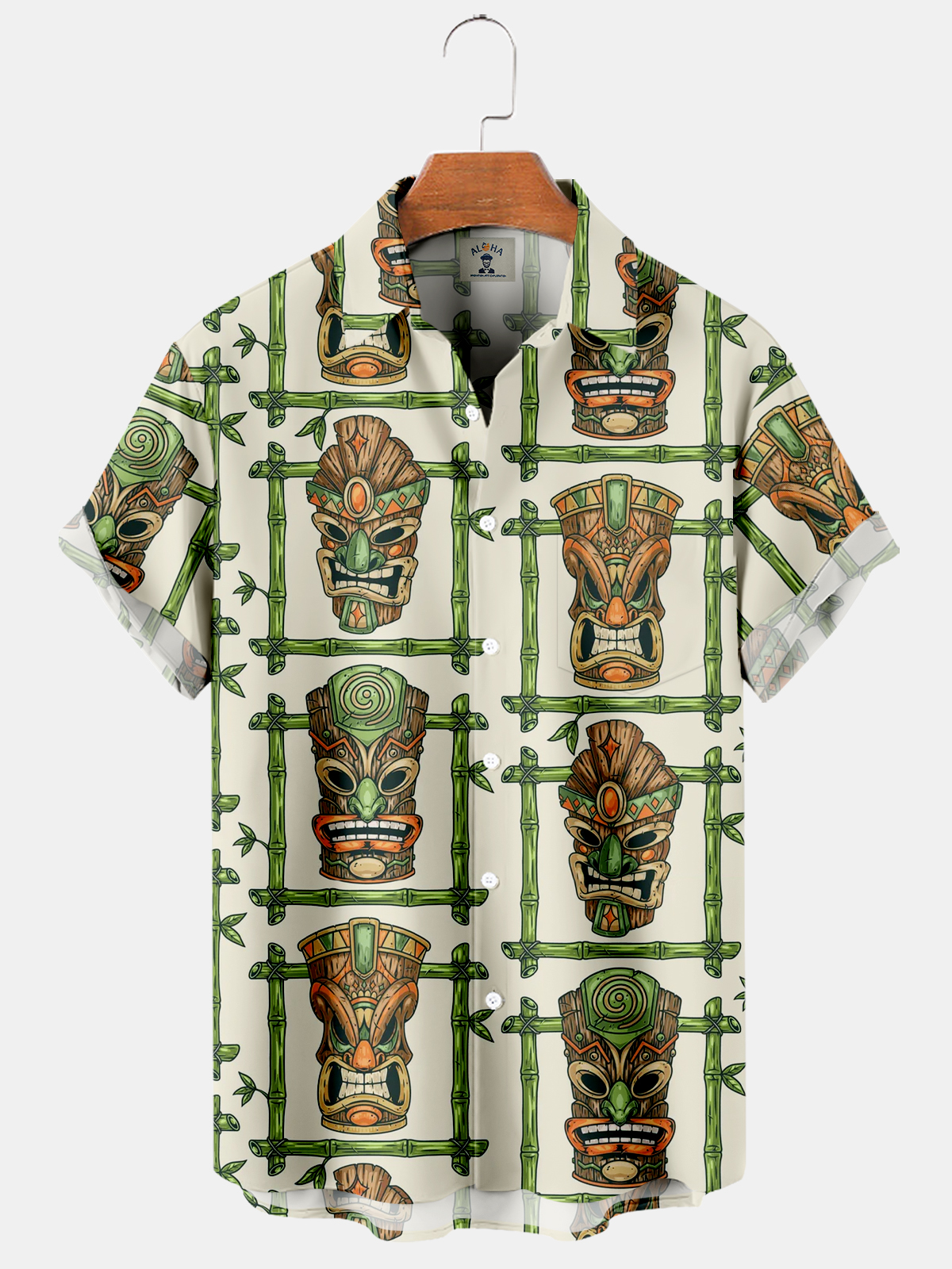 Men's Hawaiian Bamboo TIKI Mask Print Short Sleeve Shirt-Garamode
