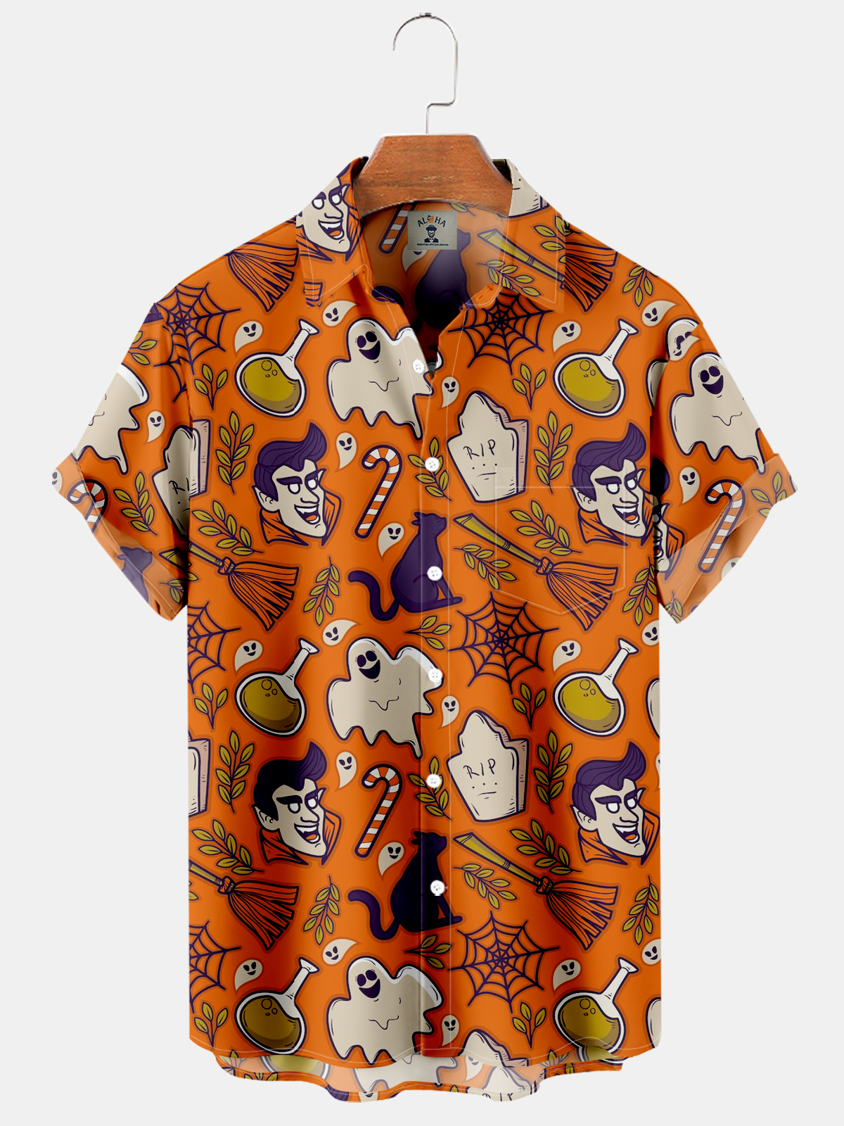 Halloween Fun Print Pocket Short Sleeve Shirt-Garamode