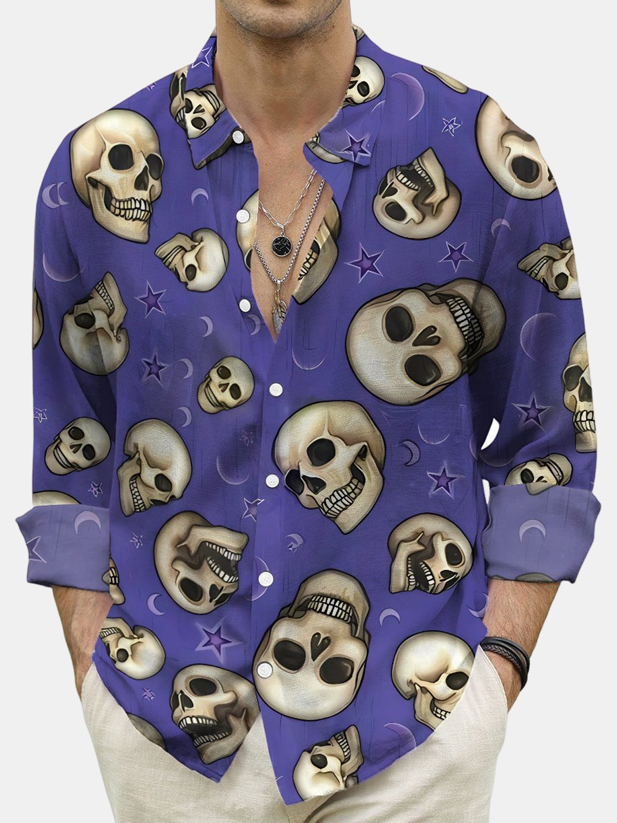 Men's Halloween Skull Print Long Sleeve Shirt-Garamode