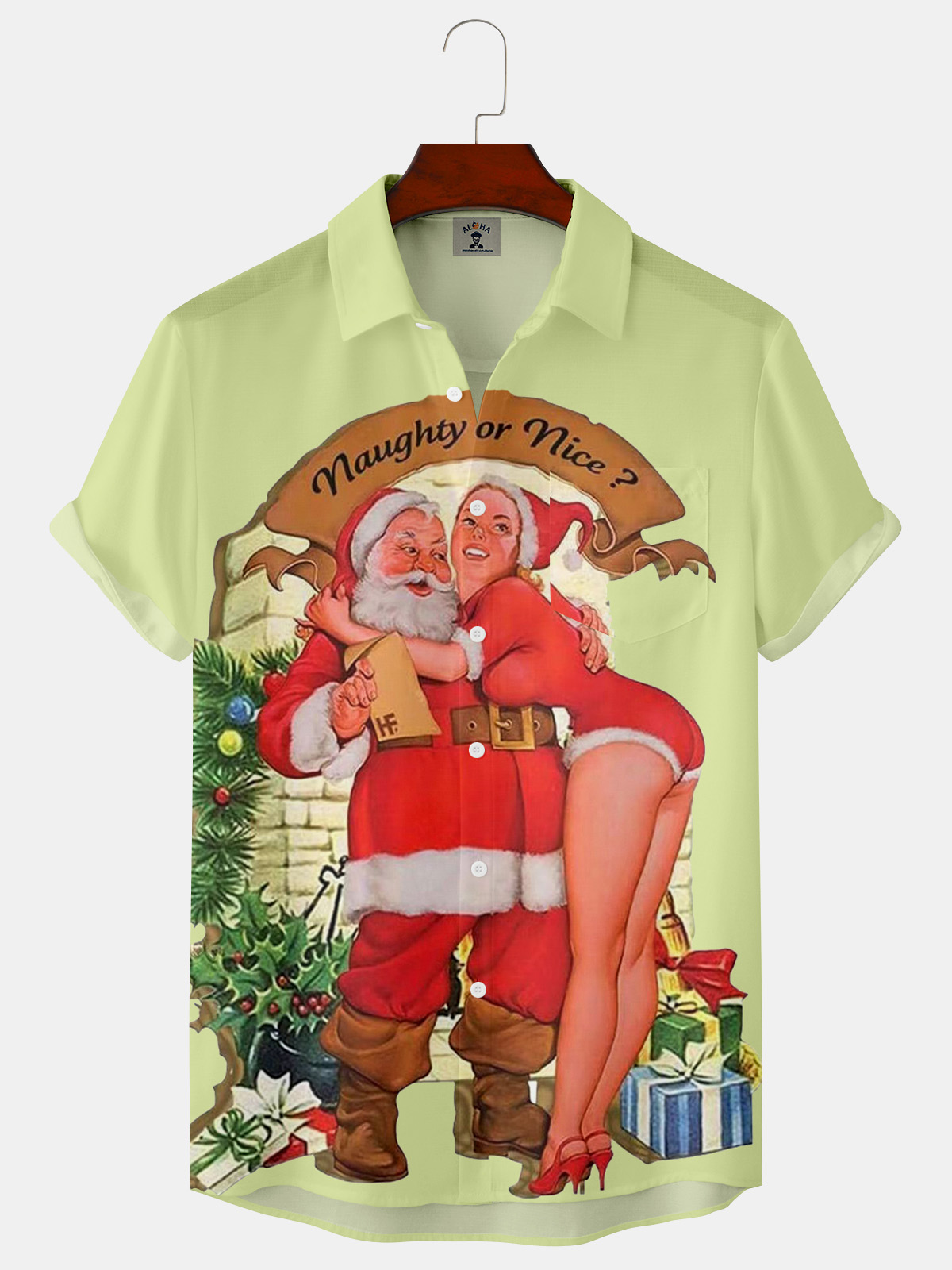Men's Casual Santa and Girls Print Short Sleeve Shirt-Garamode