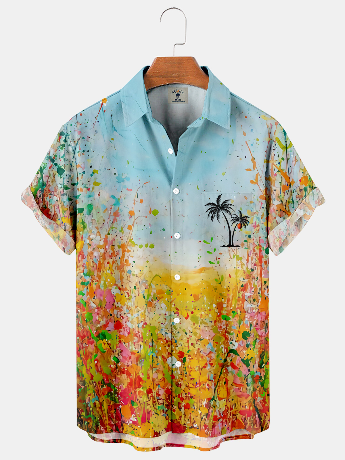 Oil painting coconut tree printing casual loose men's large size short-sleeved shirt-Garamode