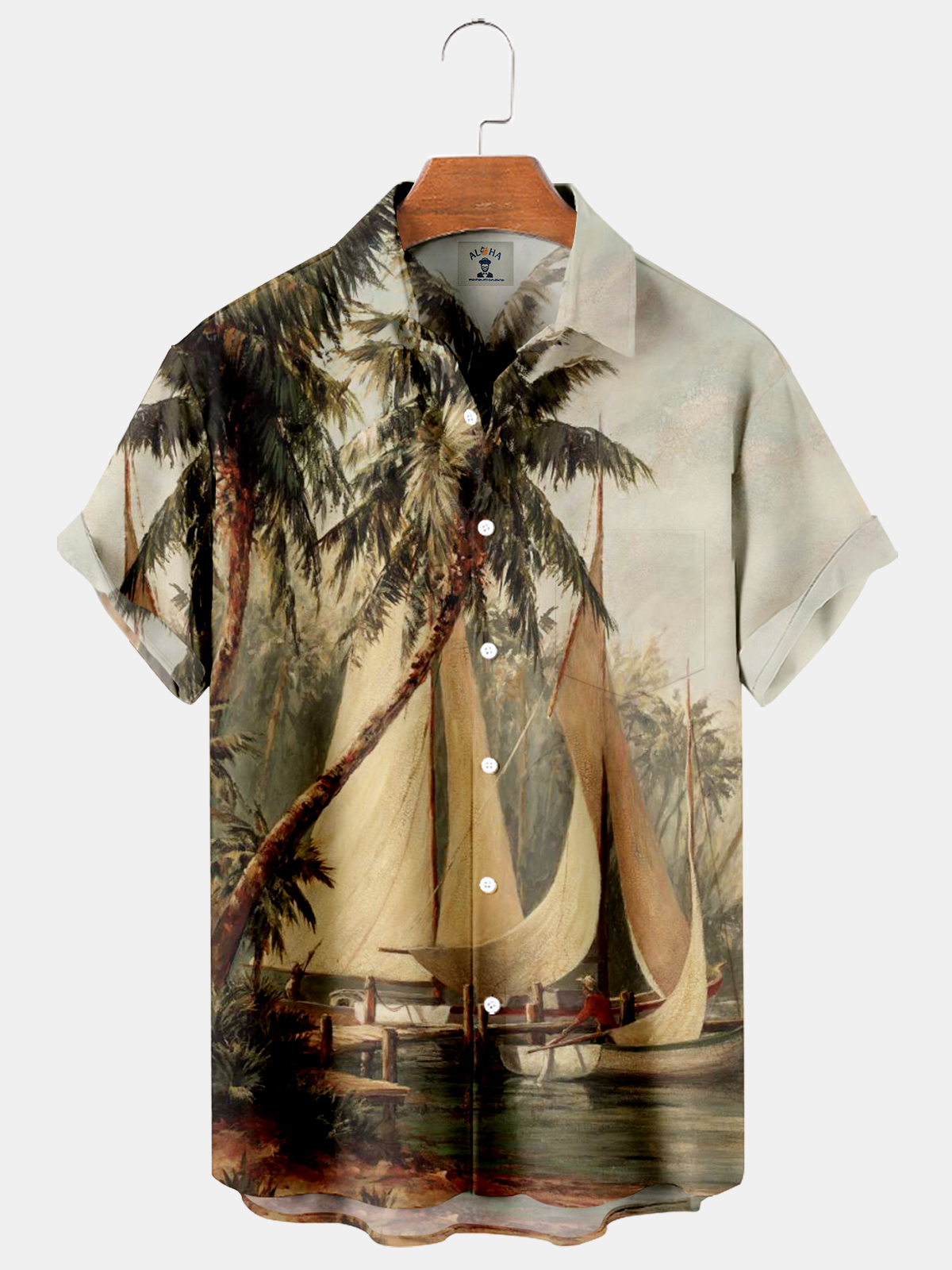 Hawaiian Vintage Oil Painting Sailboat Coconut Tree Print Pocket Short Sleeve Shirt-Garamode