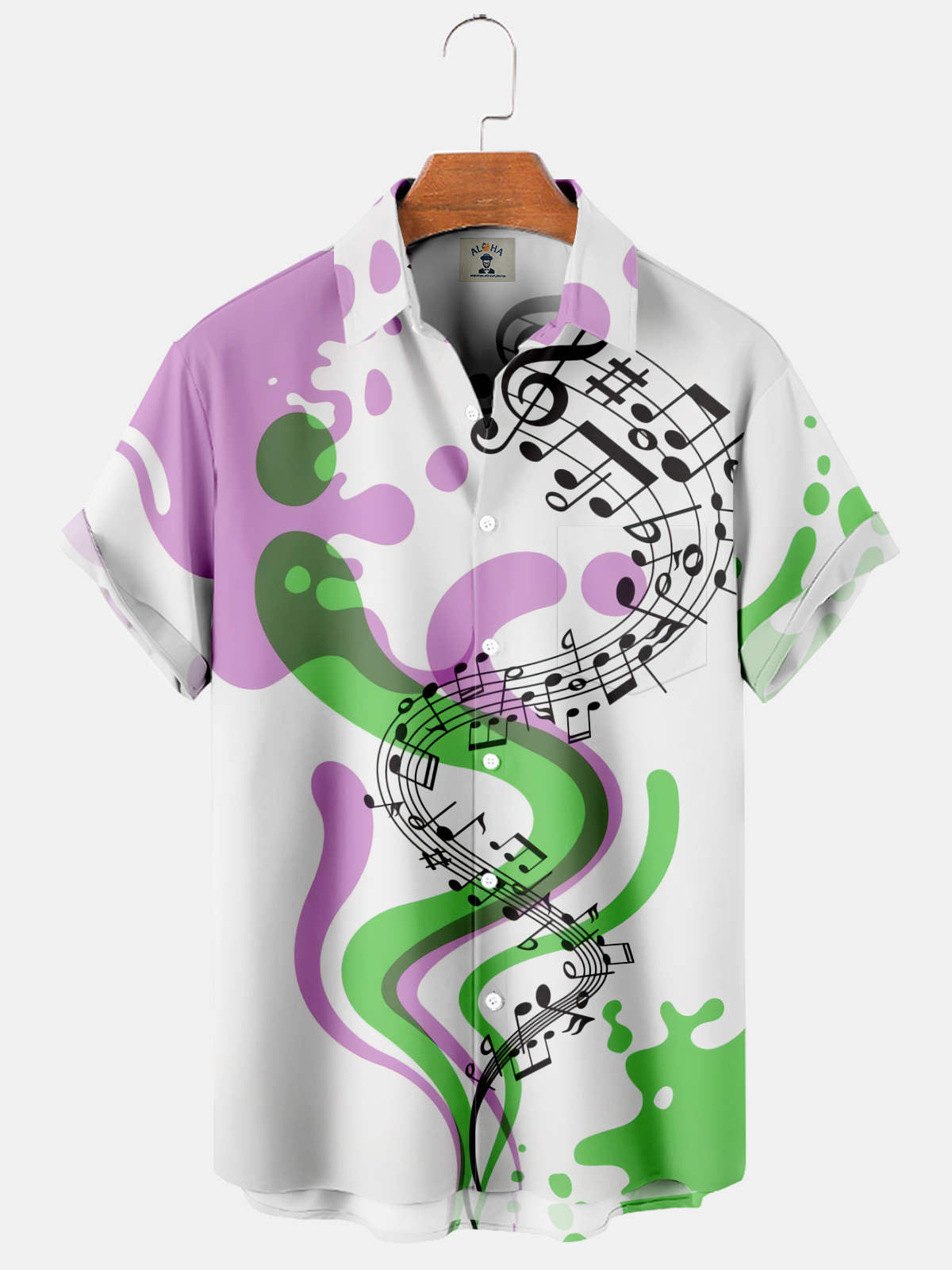 Men's casual color contrast irregular pattern music symbol printing short-sleeved shirt-Garamode