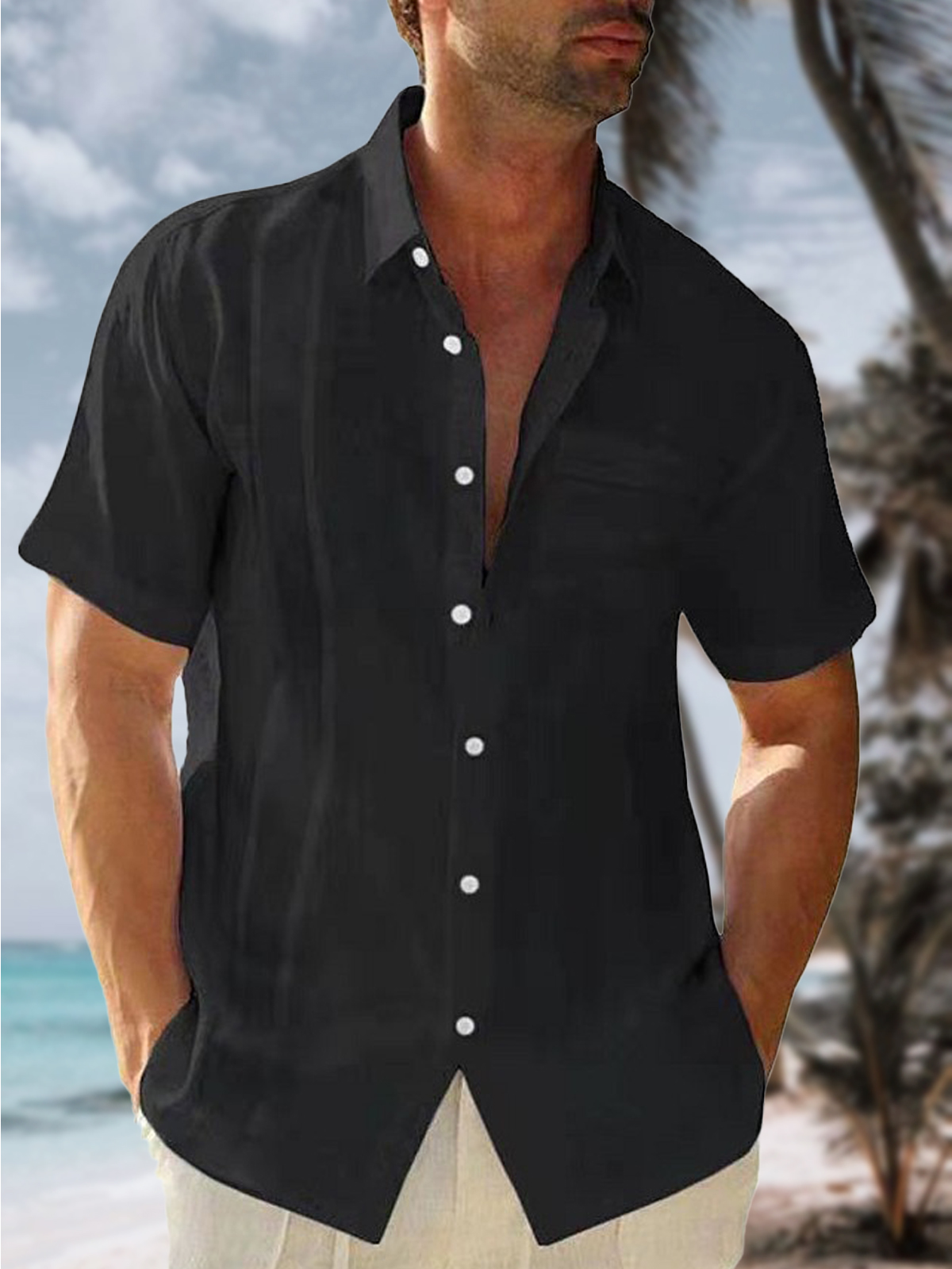 Men's Solid Color Pocket  Casual Short Sleeve Shirt-Garamode
