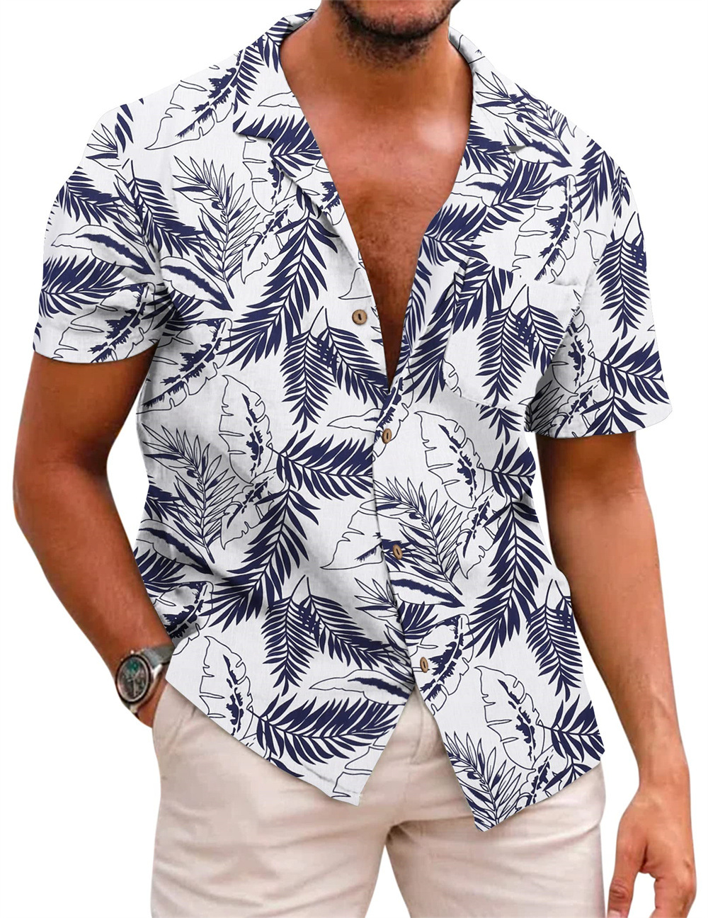 Men's Palm Leaf Hawaiian Tropical Print Casual Pocket Short Sleeve ...