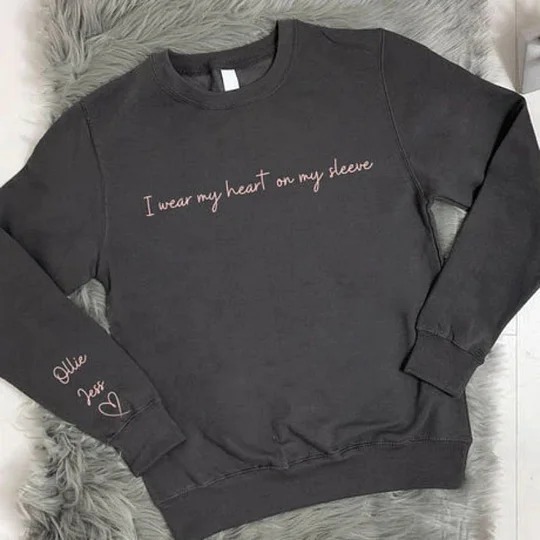 I Wear My Heart on My Sleeve, Custom Mother's Day Sweatshirt with Names on the Sleeve