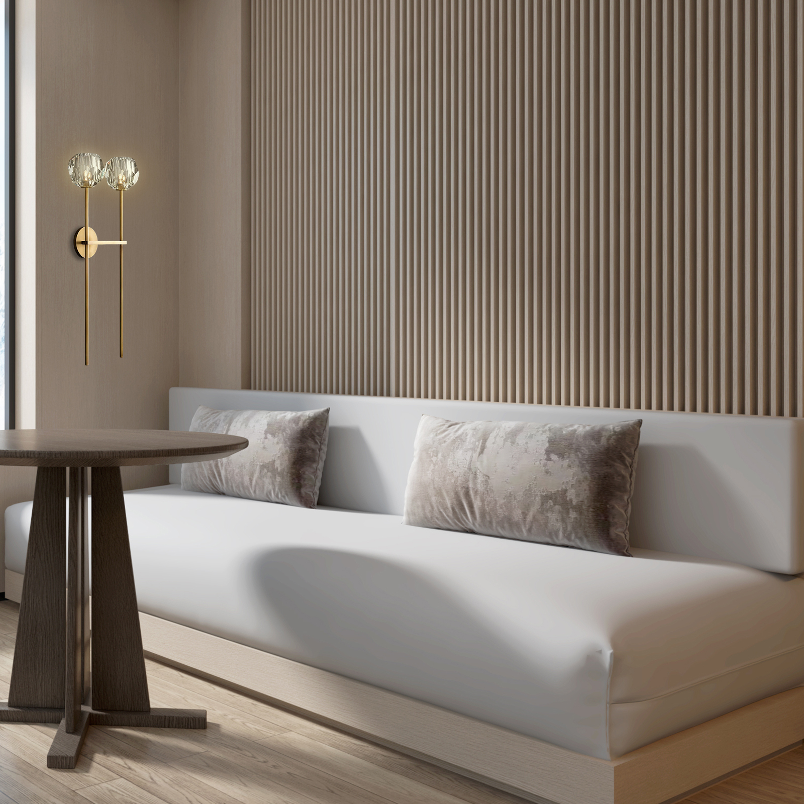 This wall sconce features a solid brass frame and crystal glass spheres that create beautiful reflections.