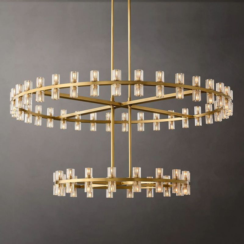 Zylero's gold chandelier beautifully combines industrial design with luxurious finishes, adding sophistication to any room with its striking glow.