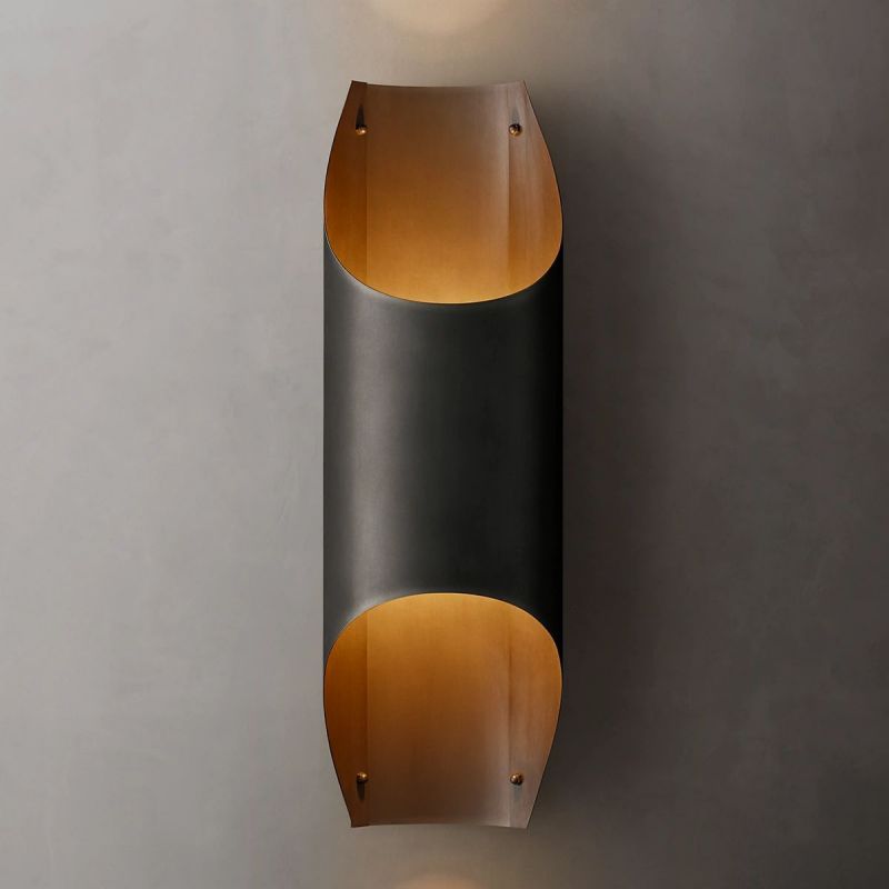 A black solid copper LED wall art light mounted on the wall, illuminating state.