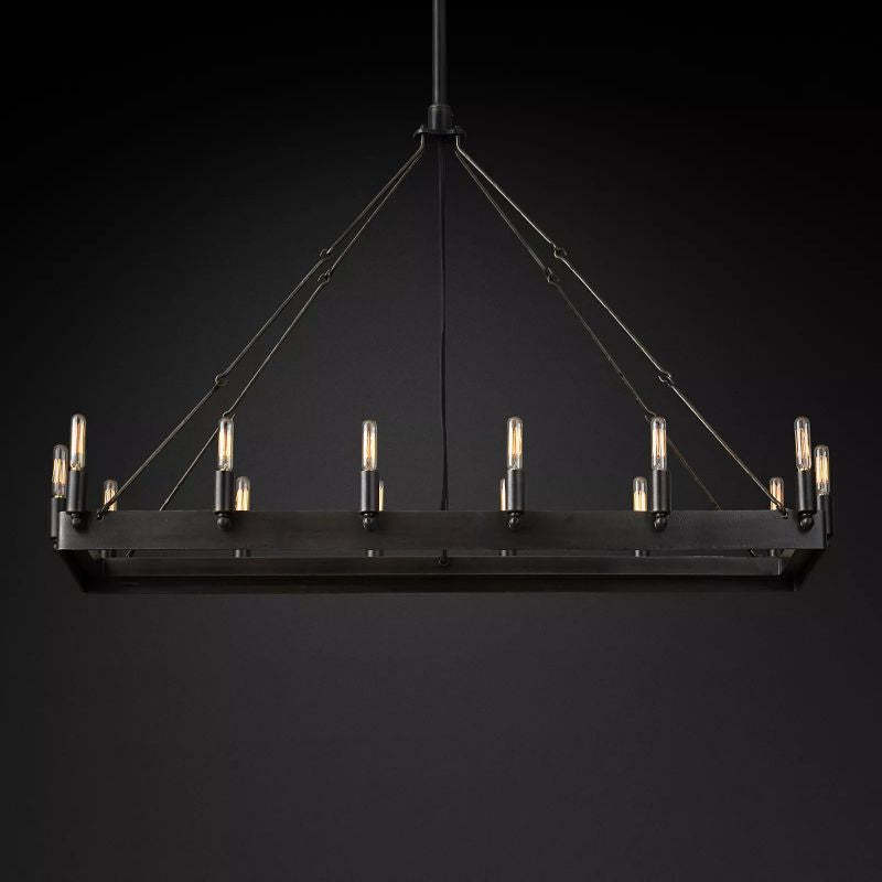 Add an air of vintage charm to your space with Zylero's black chandelier, crafted from angle iron for a true industrial look.