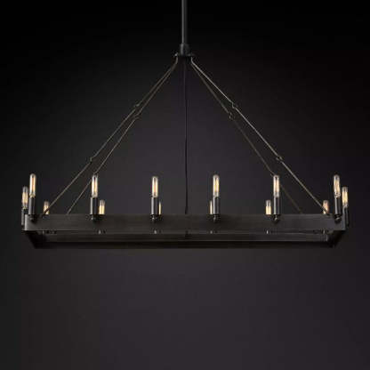 Add an air of vintage charm to your space with Zylero's black chandelier, crafted from angle iron for a true industrial look.