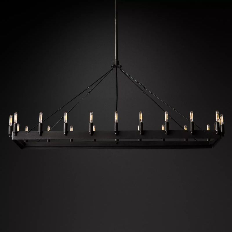 Zylero's black industrial chandelier, inspired by early 20th century designs, features a rustic style and sturdy angle iron construction for a bold statement piece.