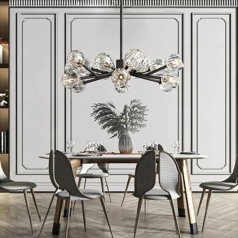 The chandelier’s rustic style complements the dining room’s decor, adding both charm and functionality with its warm lighting.