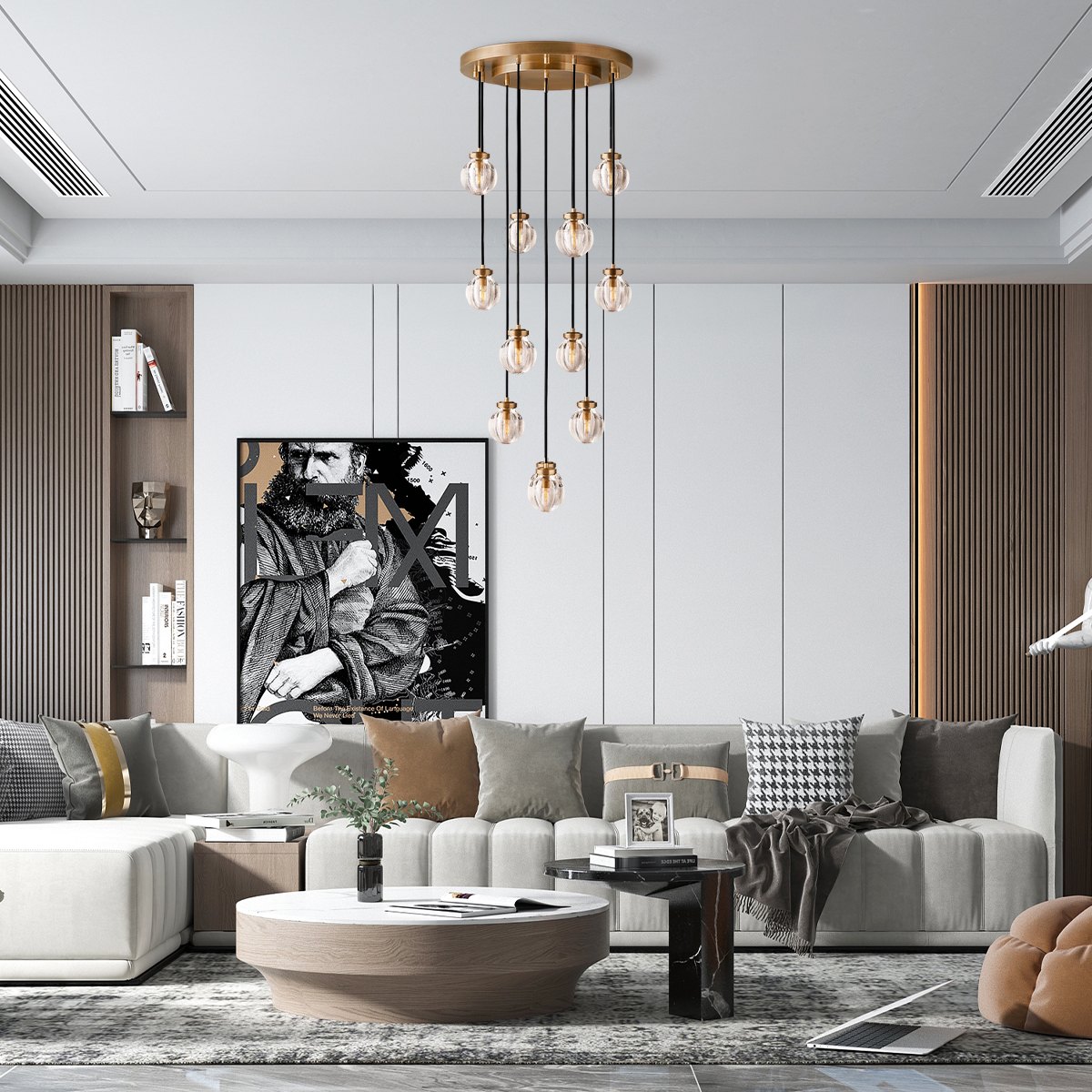 The Zylero Crystal Wall Lamp, featuring hand-carved glass balls and solid brass fittings, brings a lustrous, sea-inspired elegance to your living room, enhancing it with the warm glow of artisanal craftsmanship.