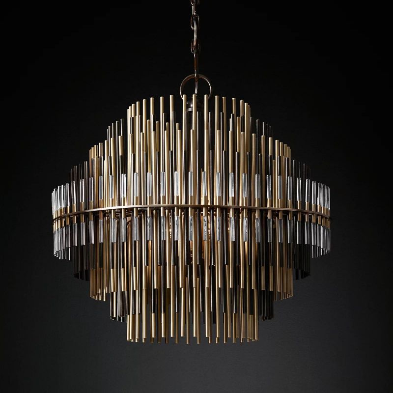 A chandelier crafted from iron and brass, featuring layered concentric rods for a sculptural look.