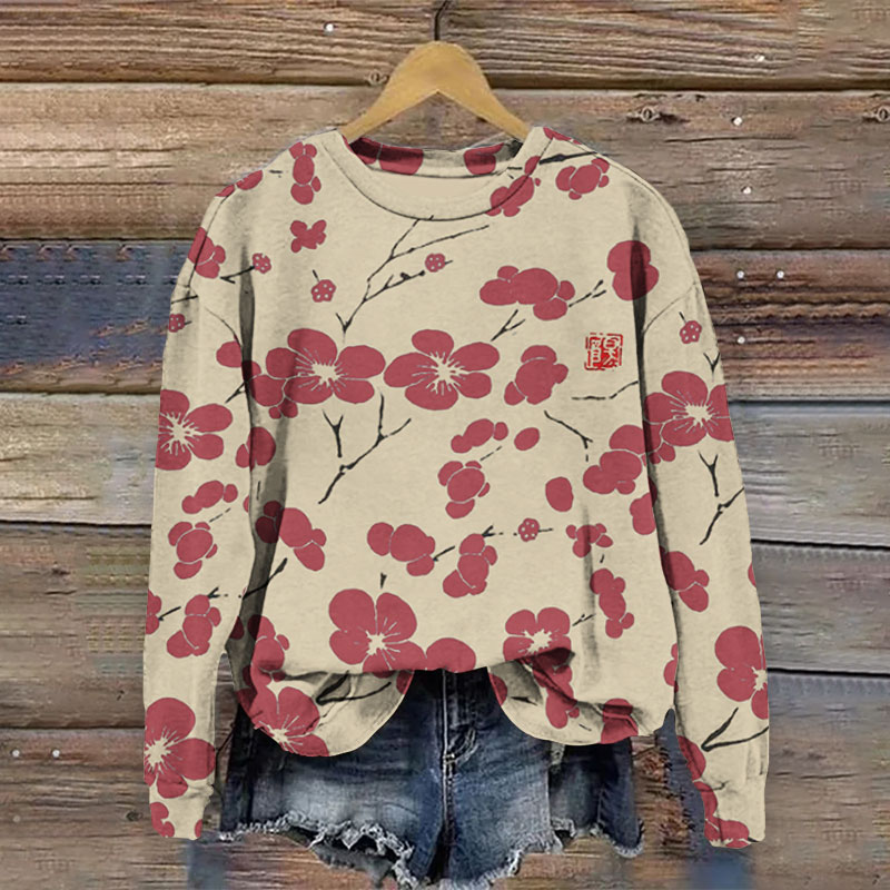 Cherry Blossom Japanese Lino Art Vintage Sweatshirt