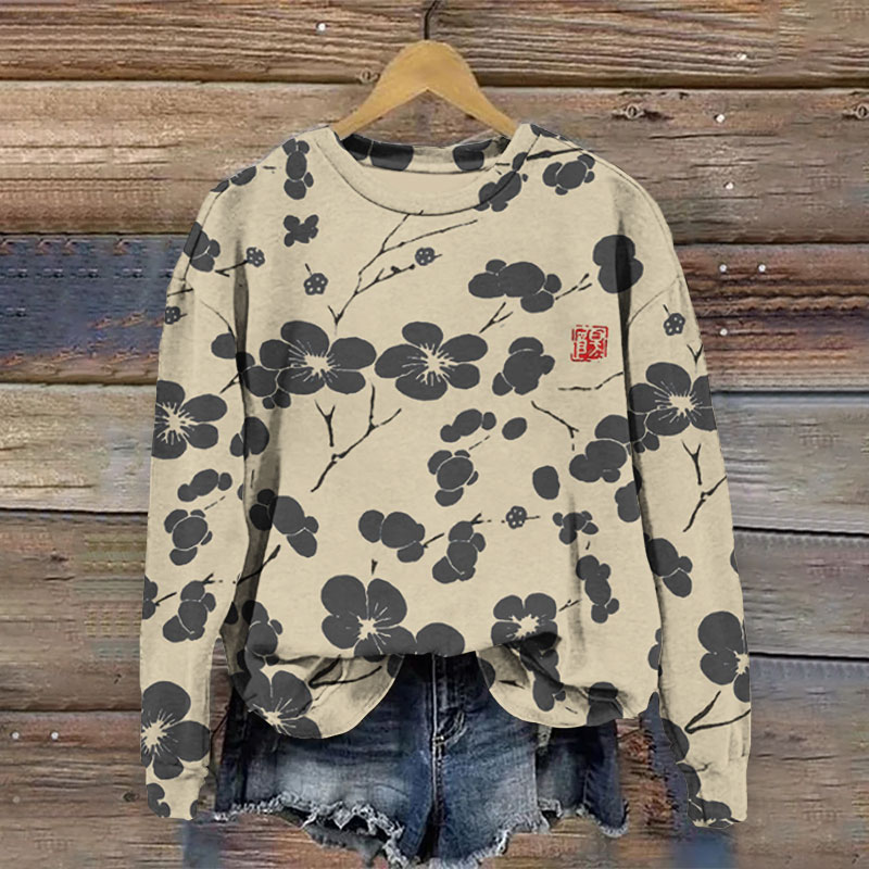 Cherry Blossom Japanese Lino Art Vintage Sweatshirt
