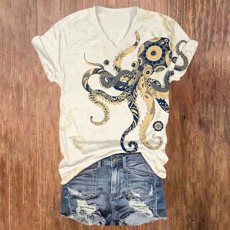 Funny Abstract Floral Pattern Octopus Print V-neck T-shirt - Beige - US32-34(5XL) - image 4