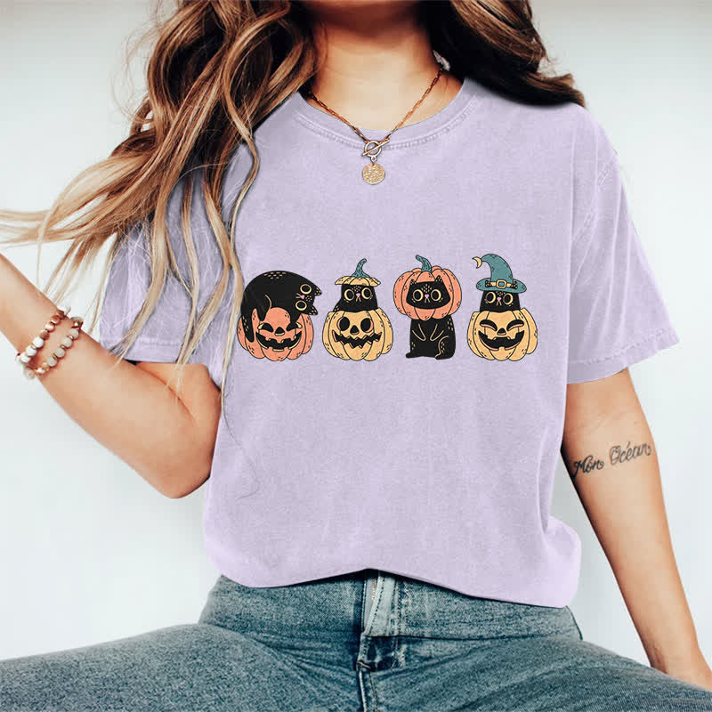 100% Cotton Halloween Funny Black Kitten & Pumpkin Art Print T-shirt - Purple - 2XL - image 3