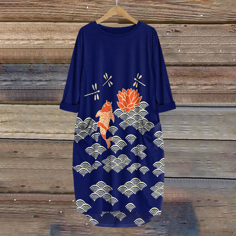 Japanese Style Koi Fish Dragonfly Wave Art Print Crew Neck Dress - Dark Blue - 8XL - image 5