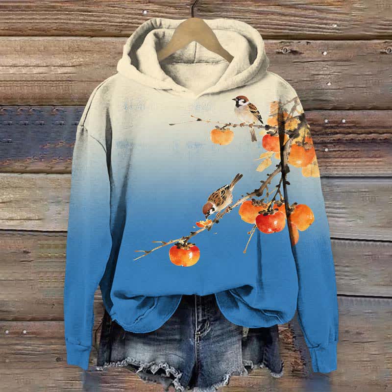 Japanese Cute Bird Eating Persimmon On The Branch Print Long Sleeve Hoodie - Blue - US44-46(8XL) - image 5