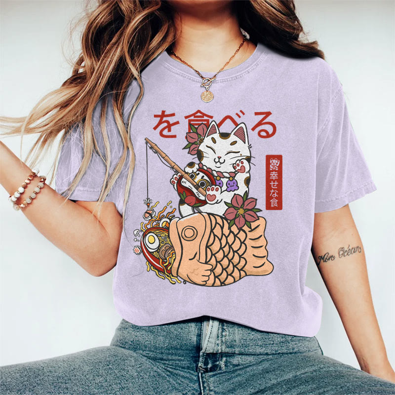 100% Cotton Women's Japanese Lucky Cat Fishing  Art Print Casual T-shirt - Purple - 2XL - image 4