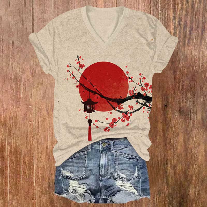 Japanese Sun & Lantern On Plum Blossom Art Print V-neck T-shirt - Apricot - US32-34(5XL) - image 3