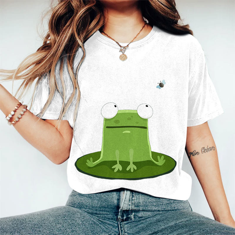 100% Cotton Women's Funny Frog On A Lily Pad Art Print Casual T-shirt - White - 2XL - image 4