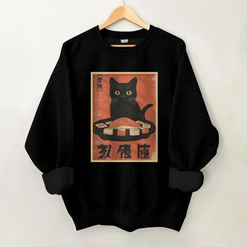 100% Cotton Vintage Cat Sushi Plate Print Round Neck Casual Fleece Sweatshirt - Black - 2XL - image 2