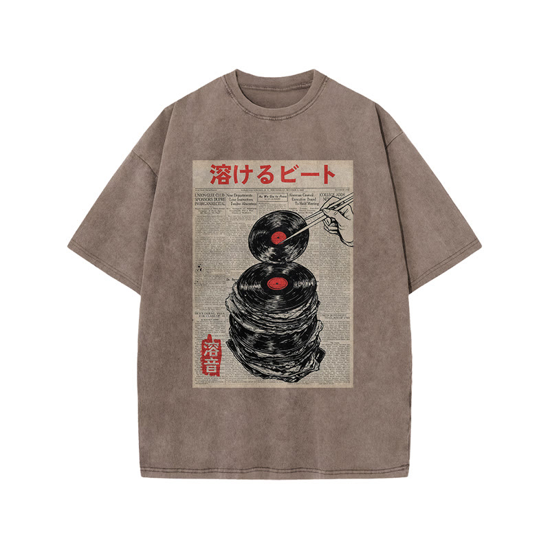 Japanese Retro Vinyl Records Pattern Print Acid Washed T-shirt - Coffee - US20-22(3XL) - image 3
