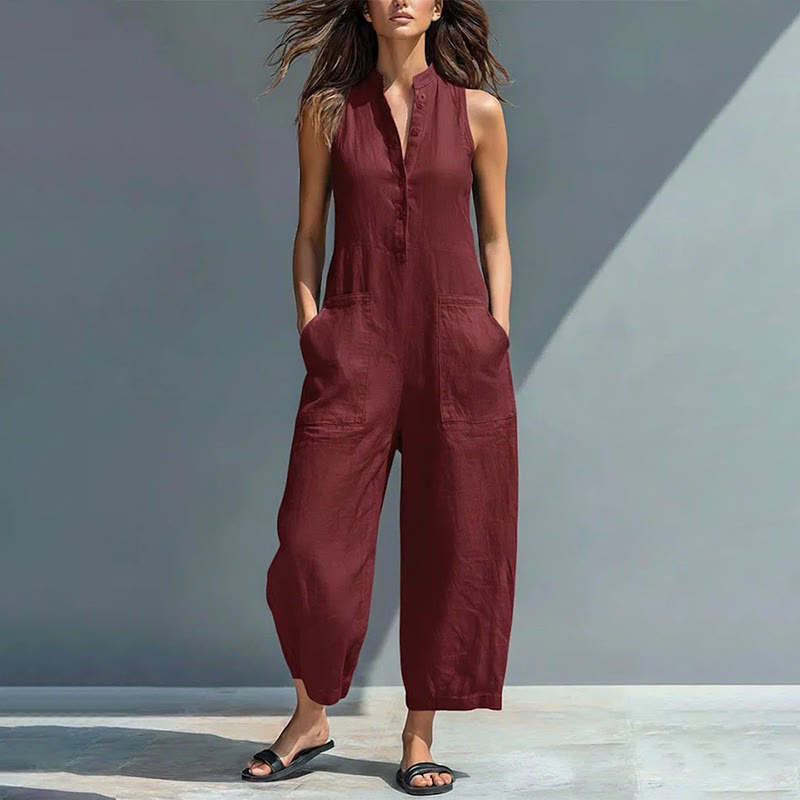 Women's Casual V-neck Sleeveless Jumpsuit With Pockets - Wine - 2XL - image 3