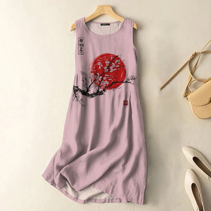Vintage Japanese Ink Flower Sunrise Art Print Sleeveless Midi Dress - Pink - 5XL - image 5