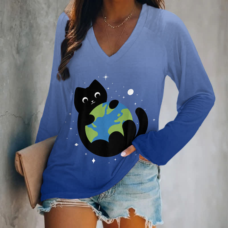 Japanese Lovely Black Cat Holding The Earth Art Print Long Sleeve T-shirt - Ombre Blue - 5XL - image 9
