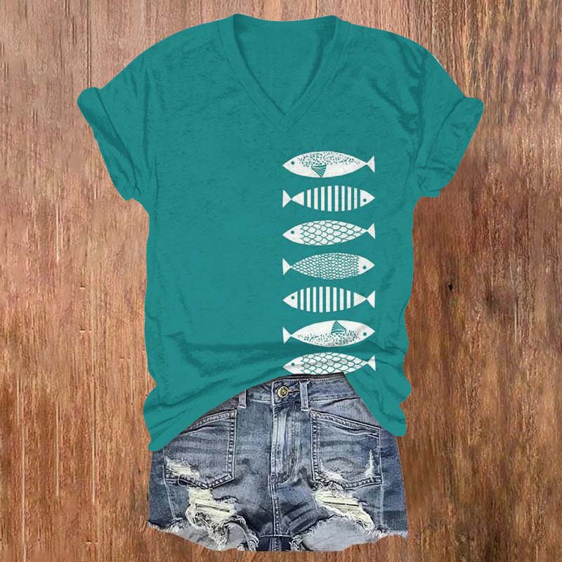 Fish Japanese Lino Art Print T-shirt - Green - 5XL - image 1