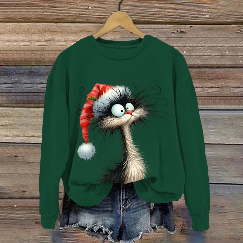 Christmas Cat Pattern Print Long Sleeve Sweatshirt - Green - US16-18(2XL) - image 4