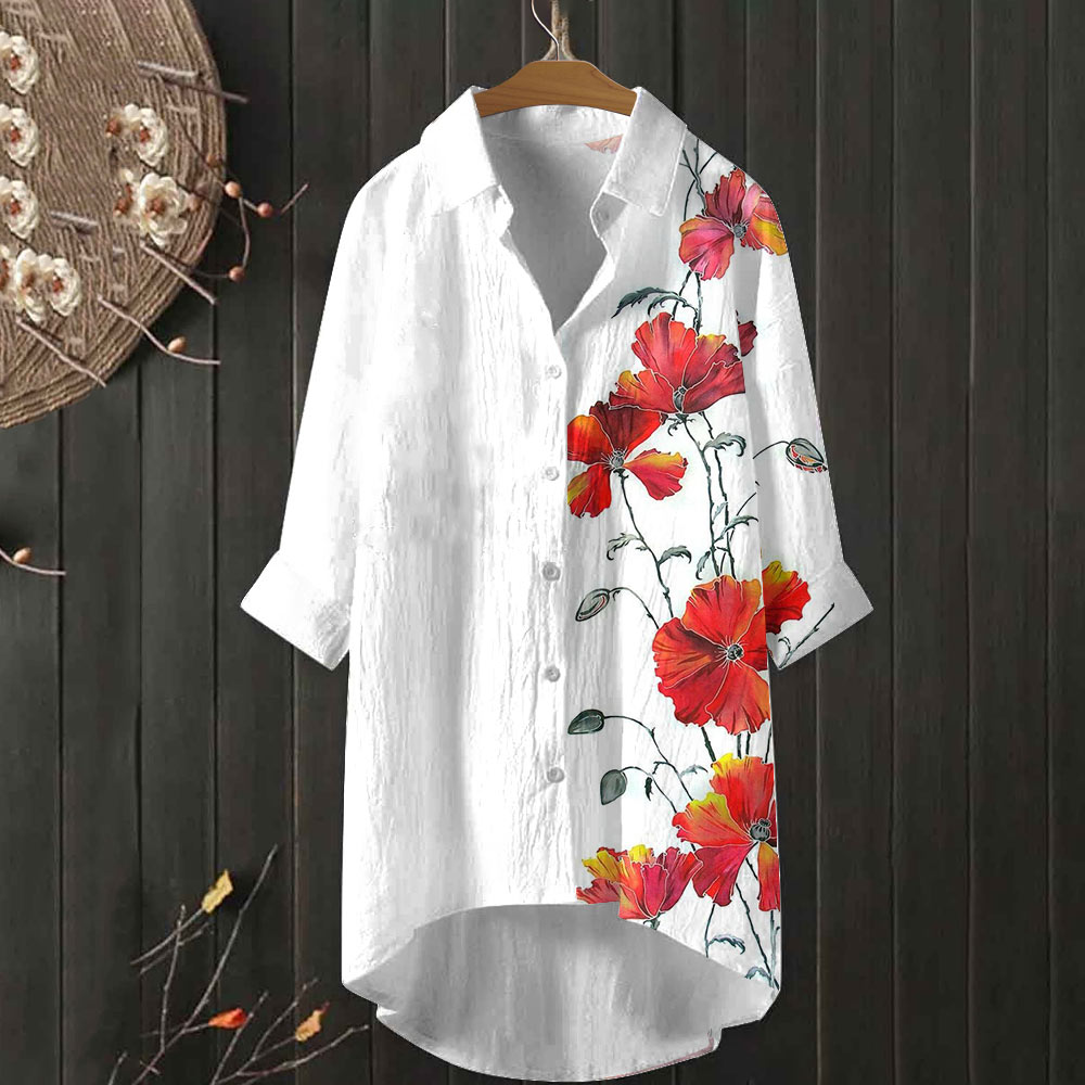 Simple Asymmetric Floral Print Casual Shirt 
