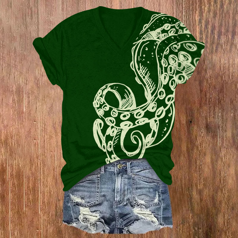 Fluorescent Line Octopus Tentacles Print V-neck T-shirt - Green - US32-34(5XL) - image 4