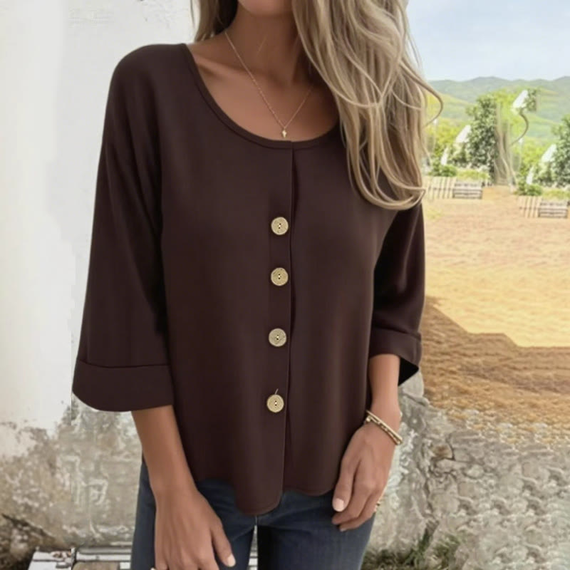Simple Solid Round-neck Button 3/4-sleeve Blouse - Brown - 4XL - image 5