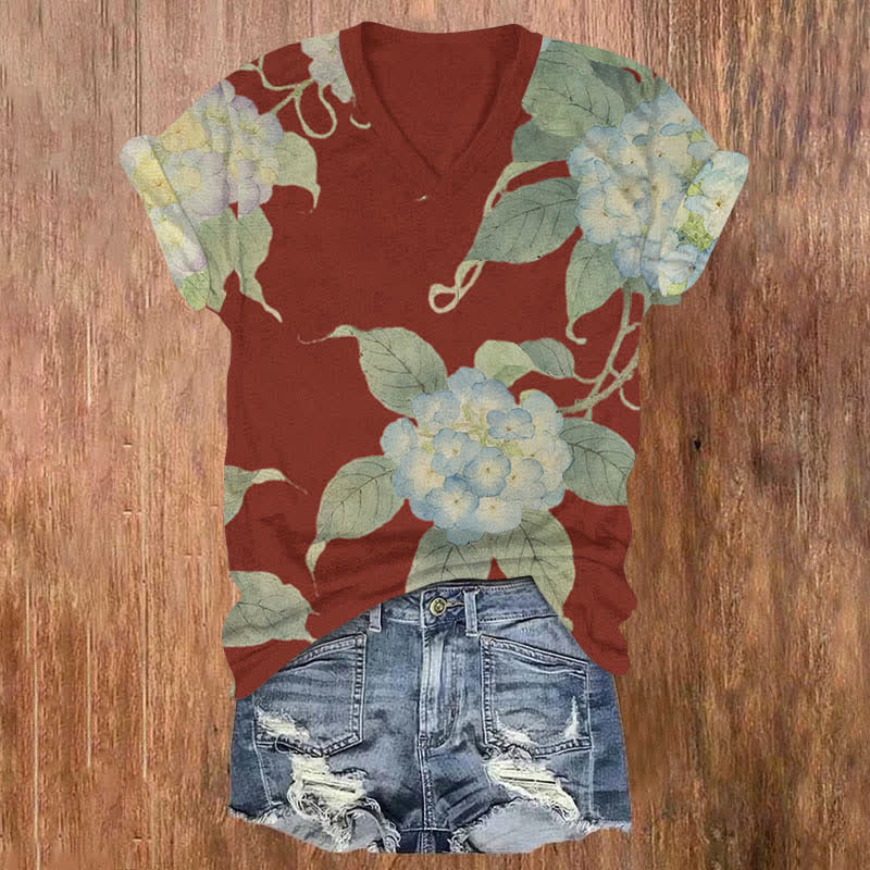Japanese Watercolor Hydrangea Art Print V-neck T-shirt - Red - US32-34(5XL) - image 2