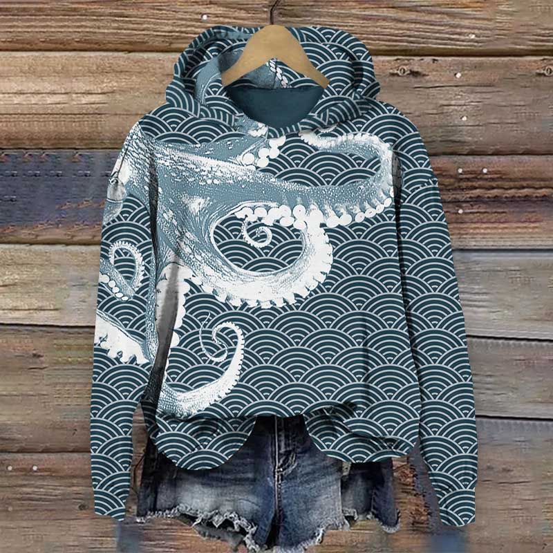 Japanese Octopus Art Print Long Sleeve Hoodie - Blue - 8XL - image 1