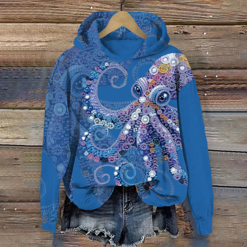 Octopus Print Long Sleeve Hoodie - Blue - US44-46(8XL) - image 4