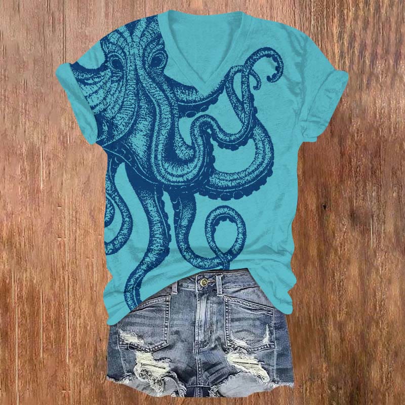Mystical Watercolor Octopus Art Print V-neck T-shirt - Sky Blue - US32-34(5XL) - image 4