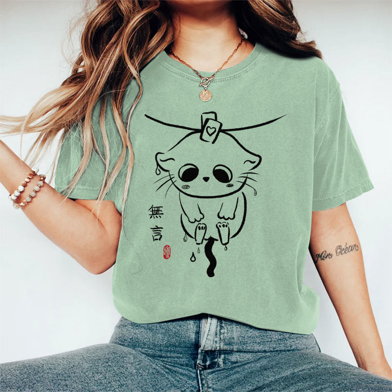 100% Cotton Women's Japanese Poor Cat Hanging On The Line Art Print Casual T-shirt - Green - 2XL - image 5