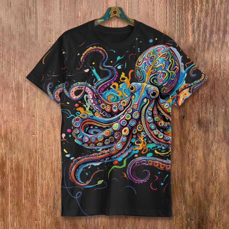 Vintage Rainbow Octopus Art Print Men's Casual T-shirt - Black - 8XL - image 2