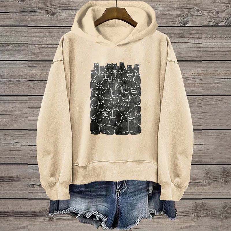 Artistic Black Cat Print Casual Long Sleeve Hoodie - Apricot - 8XL - image 1