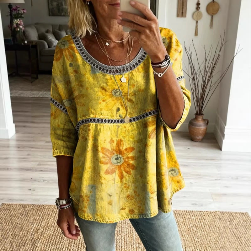 Boho Hippie Floral Print Openwork Lace Splicing Round Neck Half Sleeve Blouse - Yellow - 4XL - image 10