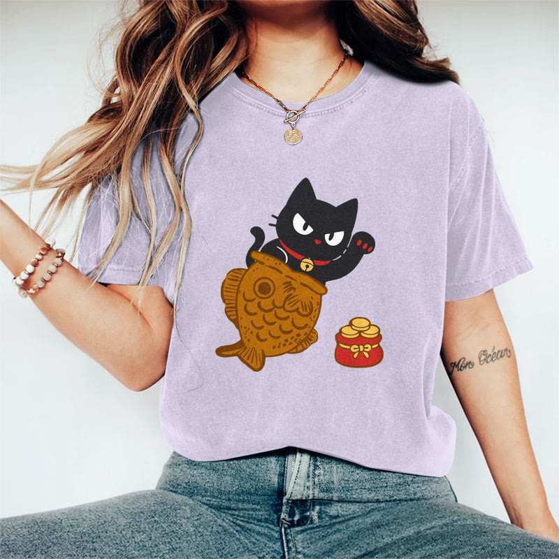 100% Cotton Women's Japanese Lovely Fish Black Cat Art Print Casual T-shirt - Purple - 2XL - image 4