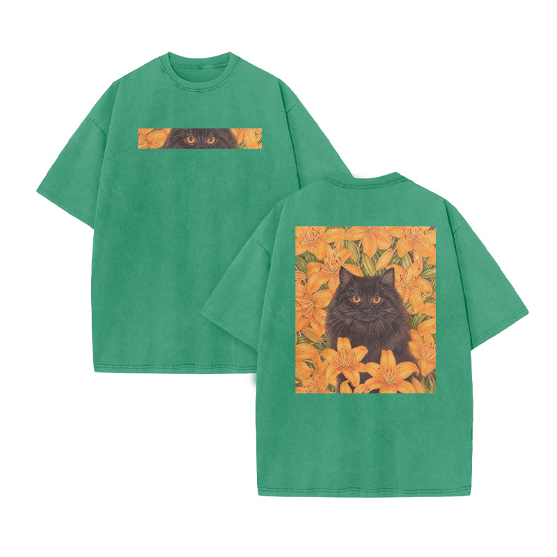 A Black Cat In A Field Of Golden Lilies Print Acid Washed T-shirt - Green - US20-22(3XL) - image 7